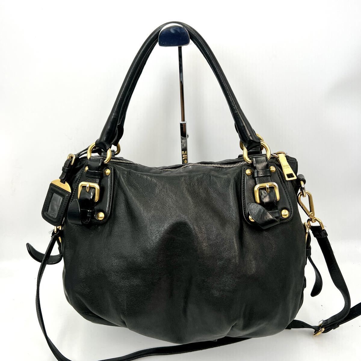 1円〜【最高級・極上】 PRADA プラダ トートバッグ ハンド 2WAY ショルダー付き ゴールド金具 レザー 黒 ブラック ロゴ 刻印 シリアル有 PRADA プラダ トートバッグ バッグ ワンショルダーバッグ ハンドバッグ＆トートバッグ
