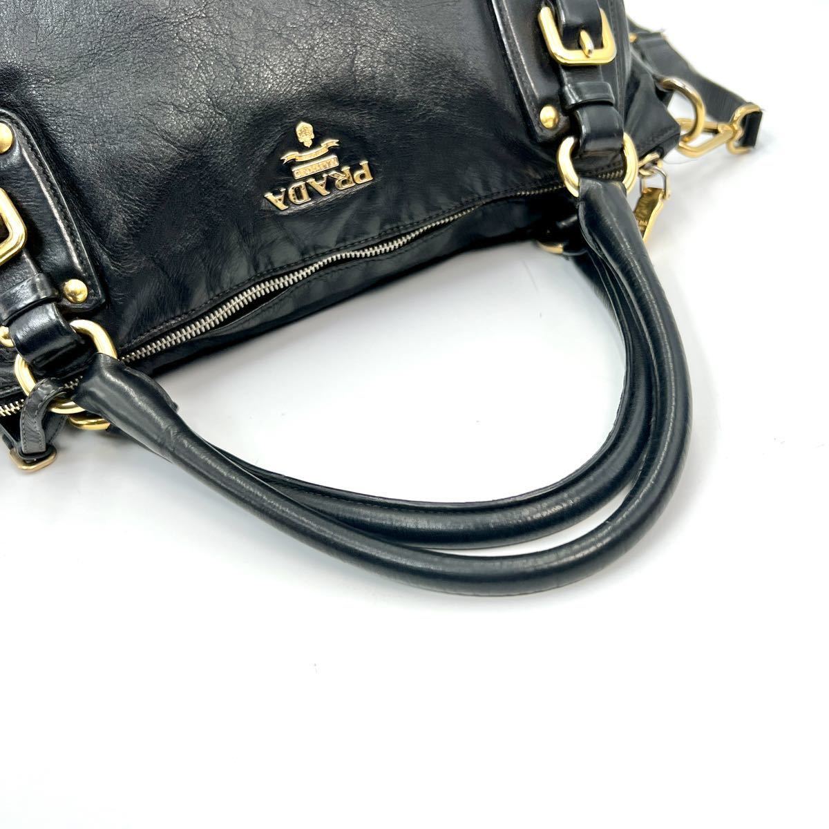 1円〜【最高級・極上】 PRADA プラダ トートバッグ ハンド 2WAY ショルダー付き ゴールド金具 レザー 黒 ブラック ロゴ 刻印 シリアル有 PRADA プラダ トートバッグ バッグ ワンショルダーバッグ ハンドバッグ＆トートバッグ