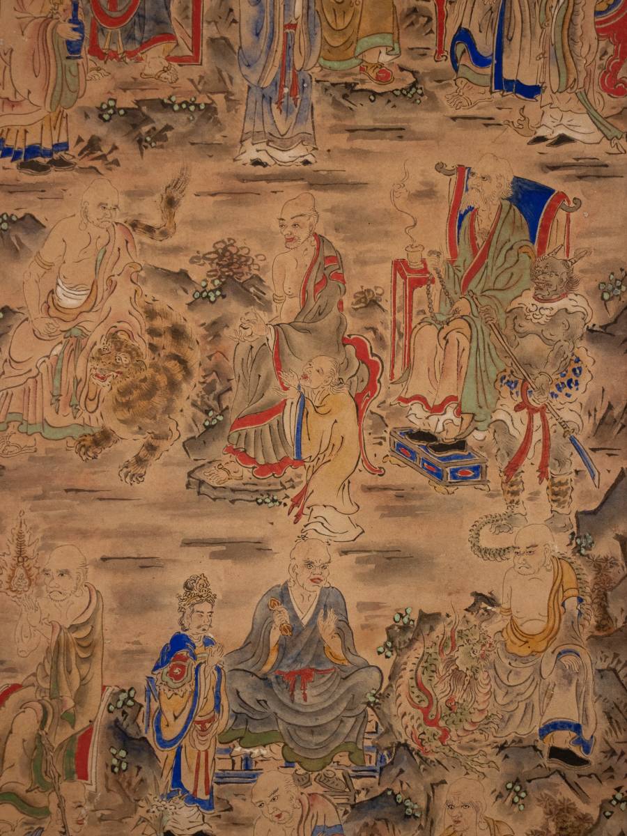 ◇天狗◇S531 仏画十六羅漢図 紙本◇無落款 釈迦 達磨 仏画 佛画 高僧