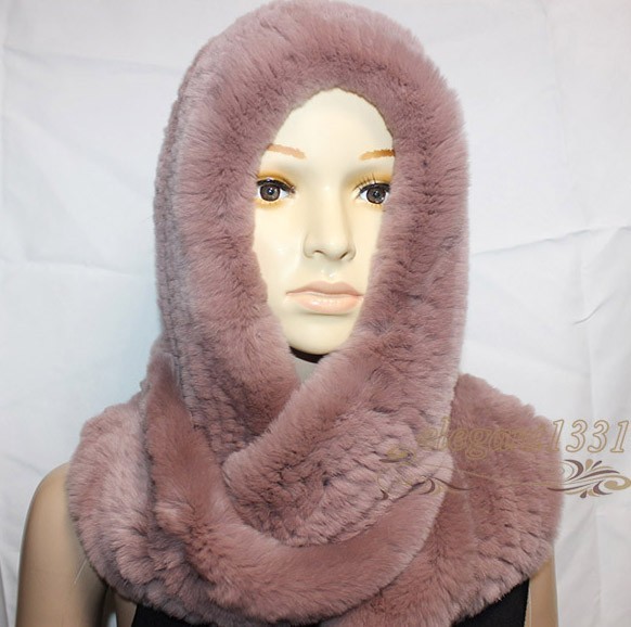 E105【 フード付き◆レッキスファー編み込み二重巻 スヌード 】毛皮 ファー/マフラー//ストール スヌード /婦人 レディース ピンク系
