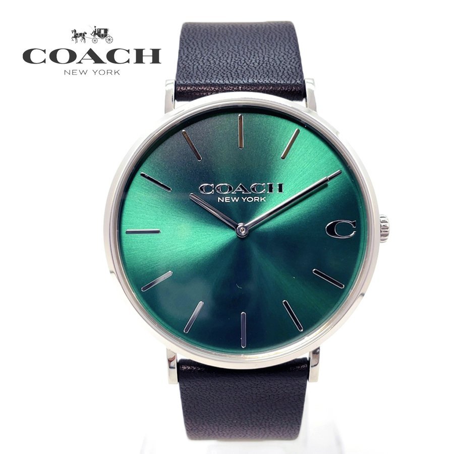 1円【新品正規品】COACHコーチ【CHARLESチャールズ】ブランドロゴメンズ腕時計学生お父さん誕生日グリーン緑アナログ贈り物プレセント
