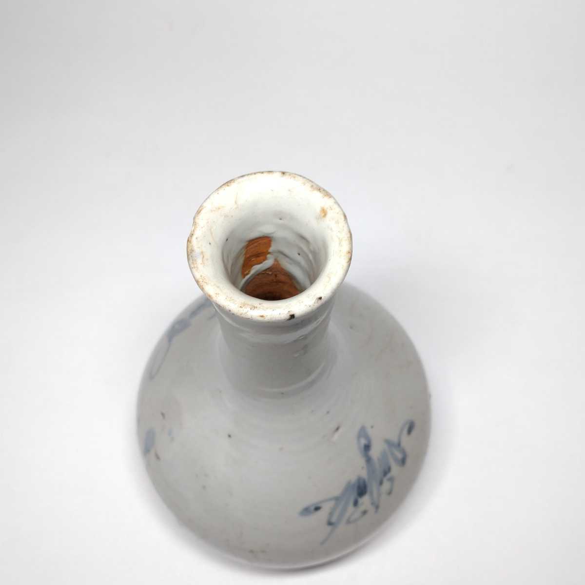 李朝 白磁 染付 草花文 鶴首 瓶 高さ約20cm 朝鮮陶磁器 / 青花 花生 花