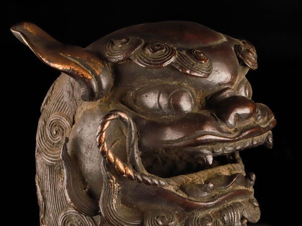 時代 銅 獅子 摘 三足 香炉 共箱 / 中国美術 銅器 古銅 煎茶道具 香