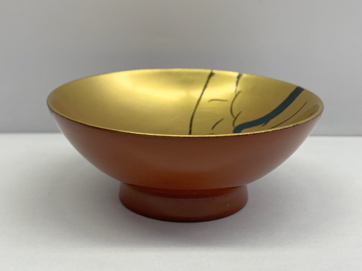 D055-I28-3628 木曽漆器 工芸品 お猪口 盃 酒器 鶴 亀 松竹梅 七福神