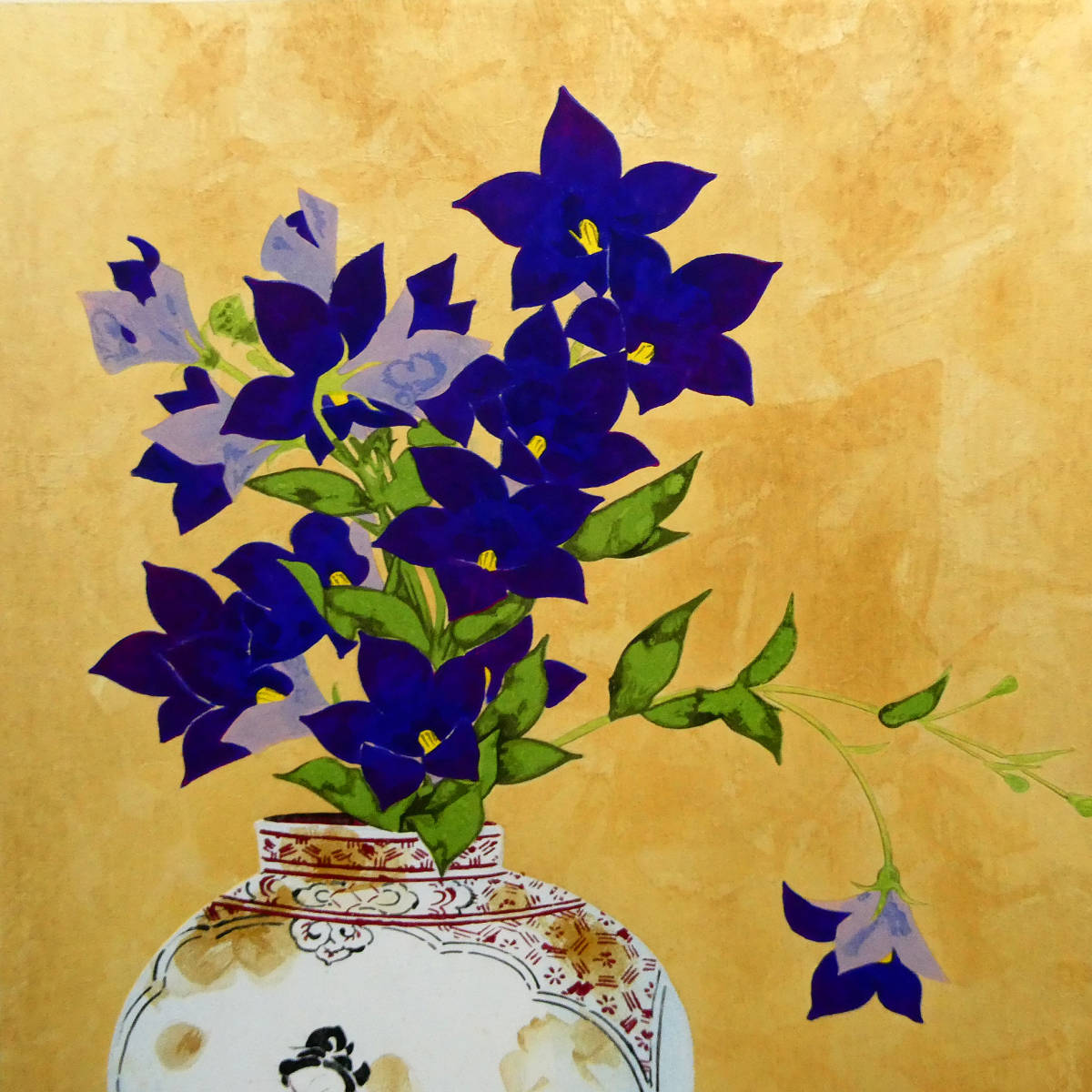 秋の七草 桔梗◇岩田正巳◇木版画作品「花と古伊万里」◇状態良好 