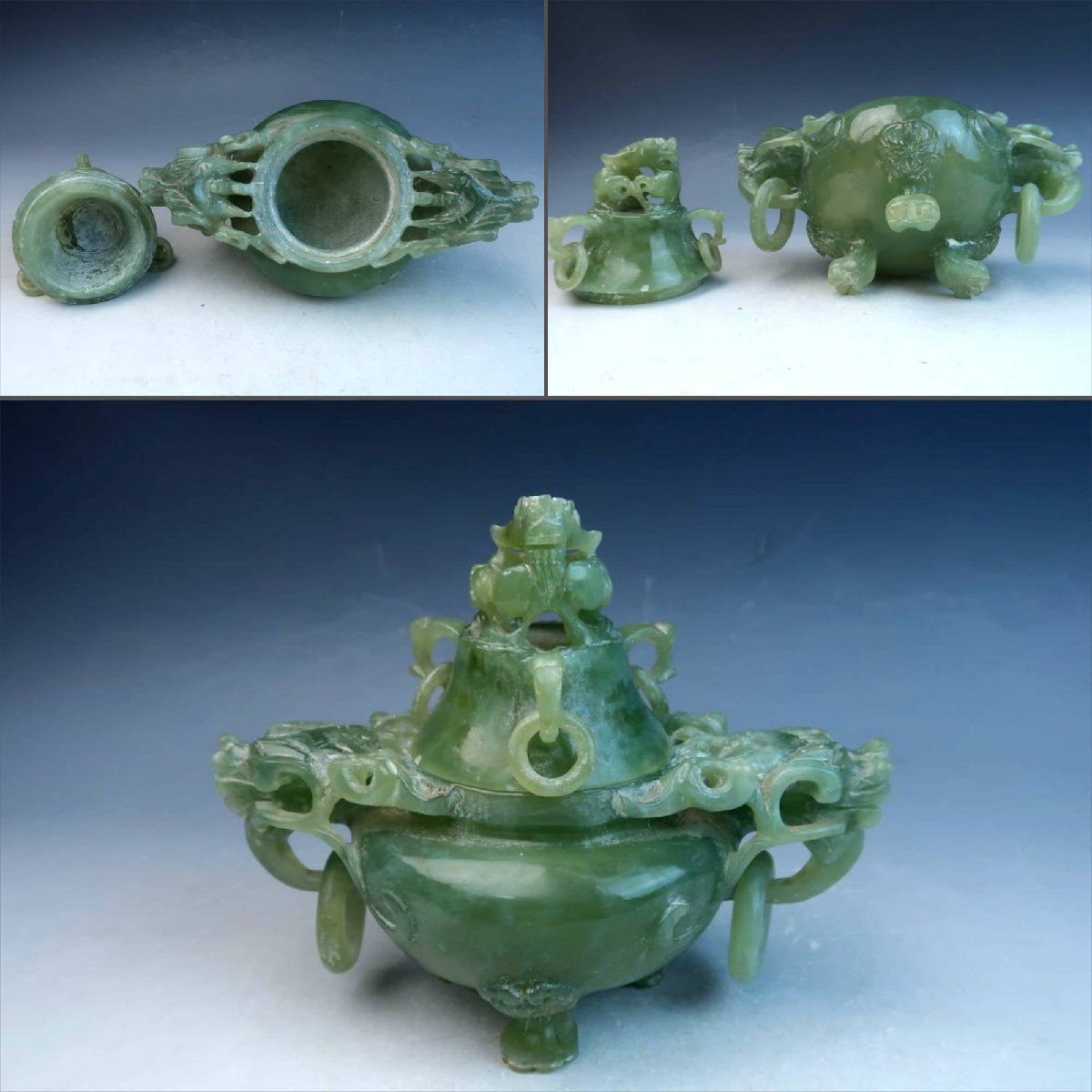 中国古玩 砡彫香炉 三足 遊環 玉彫刻 砡製翡翠龍細密彫刻遊環香炉 龍頭