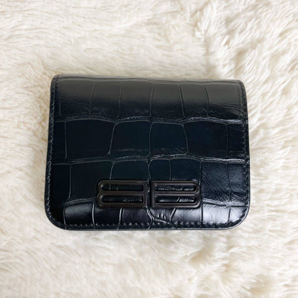1円〜【極美品付属品完備】バレンシアガ BALENCIAGA BB ミニウォレット コンパクト財布 レザー クロコ型押し メンズ 黒 ブラック 折財布 バレンシアガ BALENCIAGA 1円 ミニ BB 付属