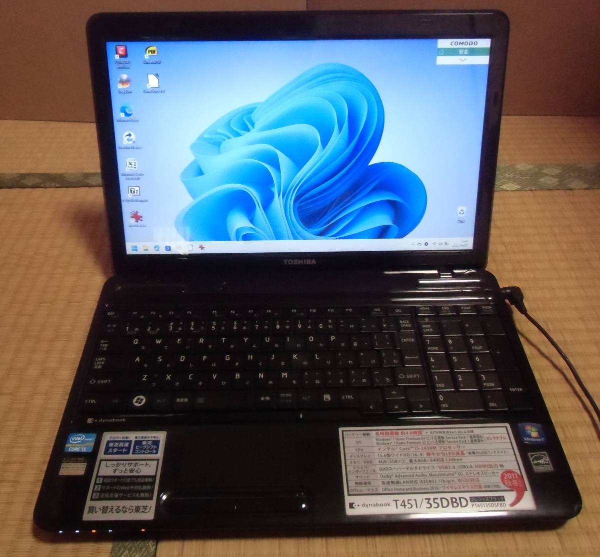 Dynabook T451/35DBD Core i5-2430M windows11 Home ssd 256GB mem 8GB 無線LAN　ACアダプター　office2007