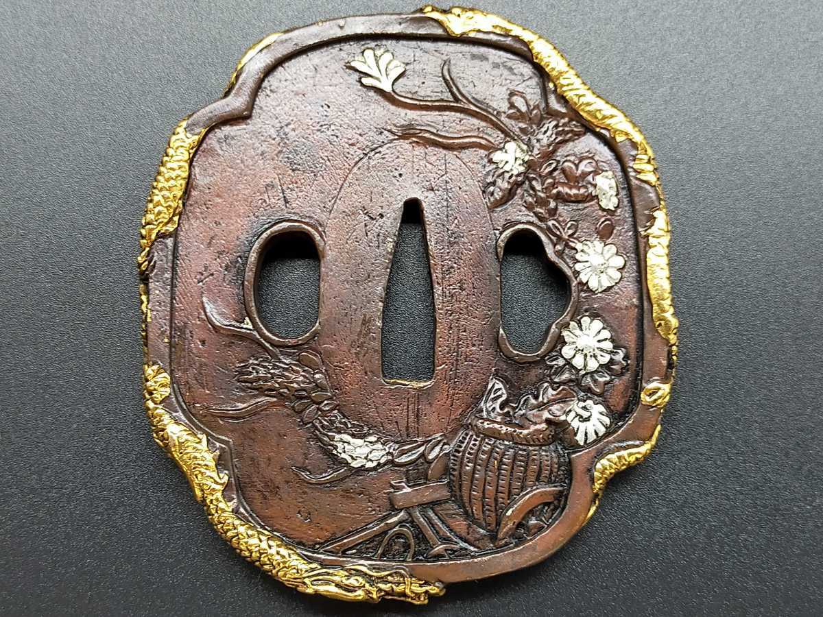 日本刀装具 刀鍔 銅地 絵金銀 鍔 細工 刀 刀の鍔 桜