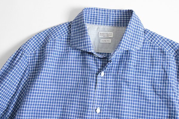 数量限定 BRUNELLO CUCINELLI ブルネロクチネリ チェック柄 長袖シャツ ブルー XL スリムフィット ホリゾンタルカラー コットンリネン 12/GE15(男性用)｜売買されたオークション情報、yahooの商品情報をアーカ 男性用