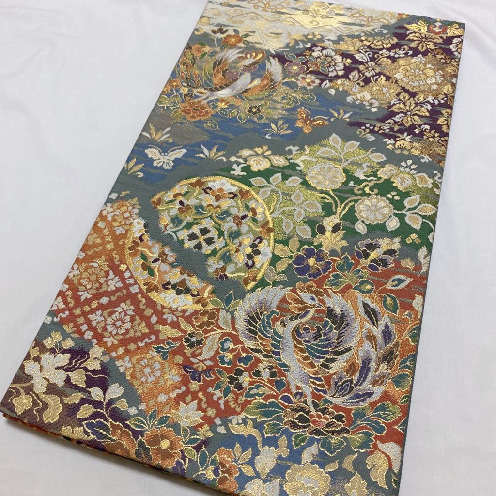蘇州刺繍 汕頭刺繍 袋帯 吉祥文様 華紋 扇 正絹 六通 D535 蘇州刺繍