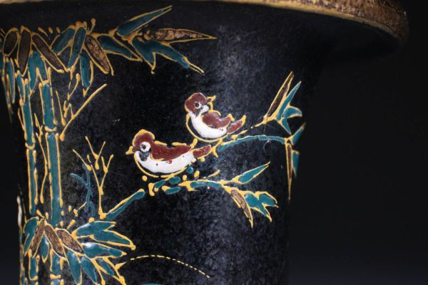 龍山作 蘭鉢 万年鉢 金縁 花鳥図三脚鉢 高約10.5cm 植木鉢 盆栽鉢