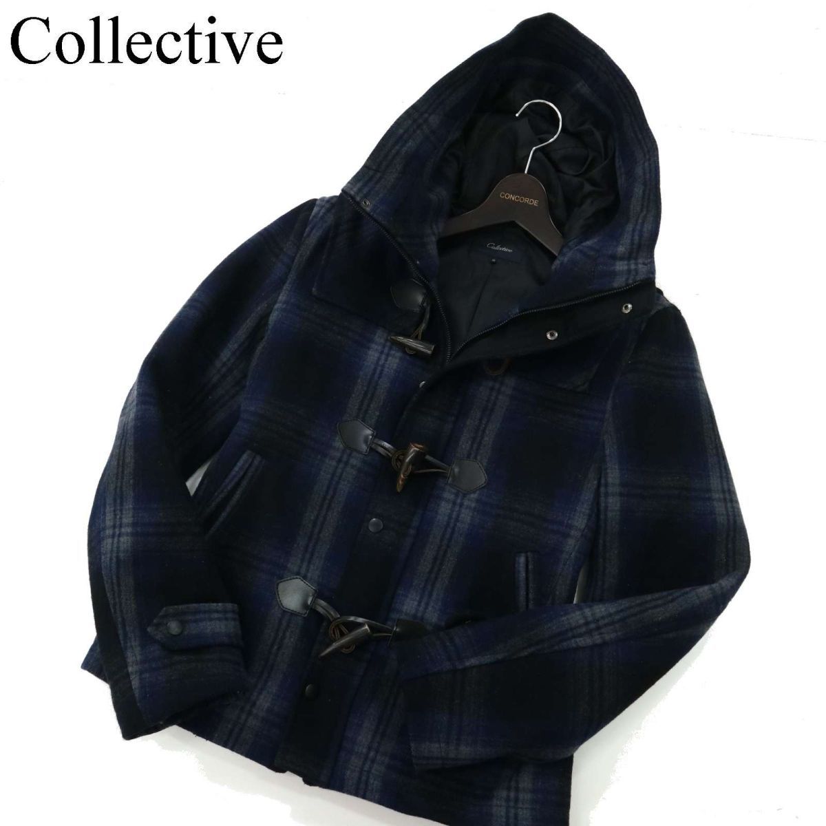 Collective コレクティブ メンズビギ 秋冬 フーディー メルトン ウール★ チェック ダッフル コート Sz.3　メンズ ネイビー　C2T09966_A#N