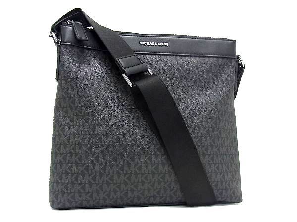 1円 ■極美品■ MICHAEL KORS マイケルコース PVC×レザー MK柄 ショルダーバッグ クロスボディ 斜め掛けかばん ブラック系 AD9446jM