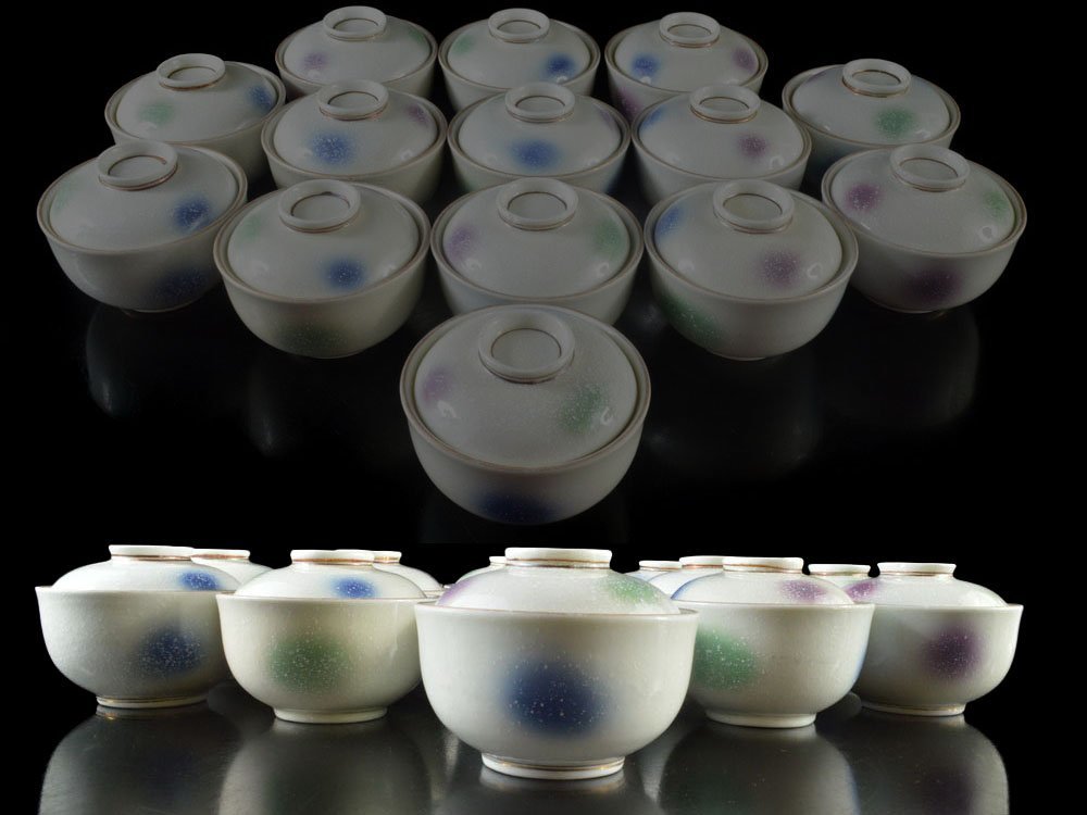 雲】某収集家放出品 三峰 京焼 吹墨兎紋小皿 16客 直径9.2cm 古美術品