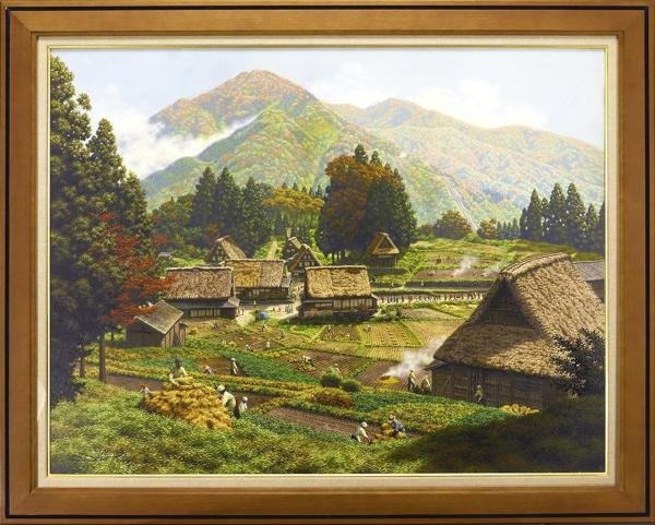 【真作】【WISH】遠藤昭吾「花嫁行列の通る風景」油彩 50号 大作 ◆緻密リアリズム・郷愁の里大型名画 　　〇新自然協会設立 #22102822