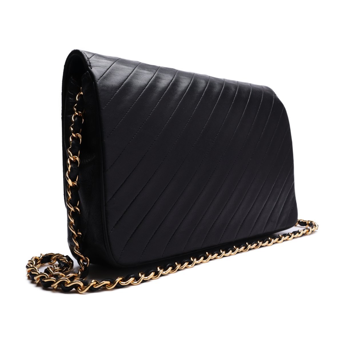 1円美品☆シャネル☆ラムスキン 斜めステッチ 24cm プッシュロック 
