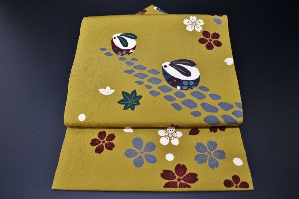 【名古屋帯】南瓜に茄子模様　塩瀬 　パンプキン 　イエロー　正絹　新品未使用　秋 12431【秀品】正絹 9寸名古屋帯 うさぎのこっぽり 桜 縮緬地 名古屋