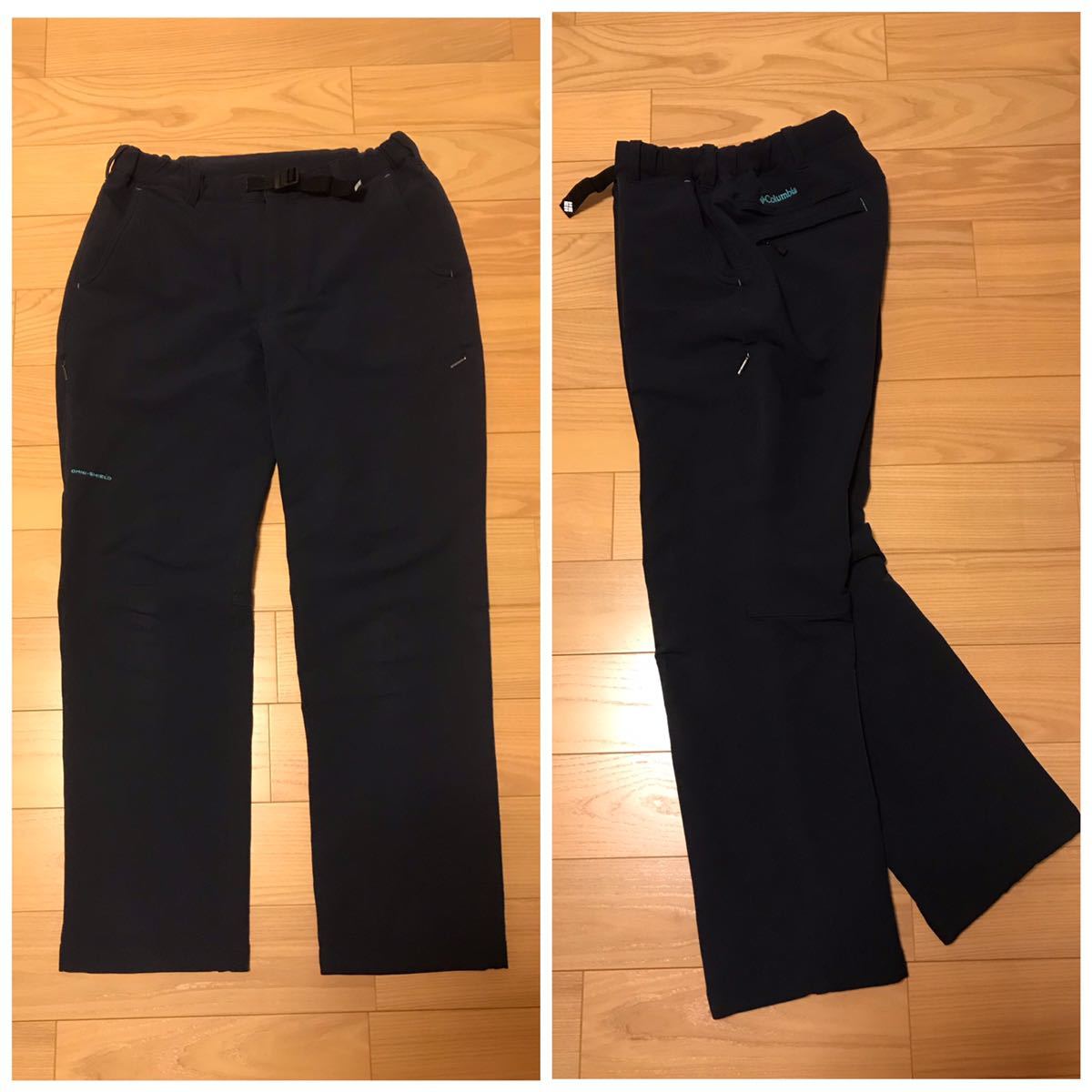 良品☆Columbia/コロンビア.OMNI-SHIELD　ウィメンズ女性サイズL 秋冬向きストレッチソフトシェル4Pパンツ 両面ロゴ 紺 男性可登山キャンプ