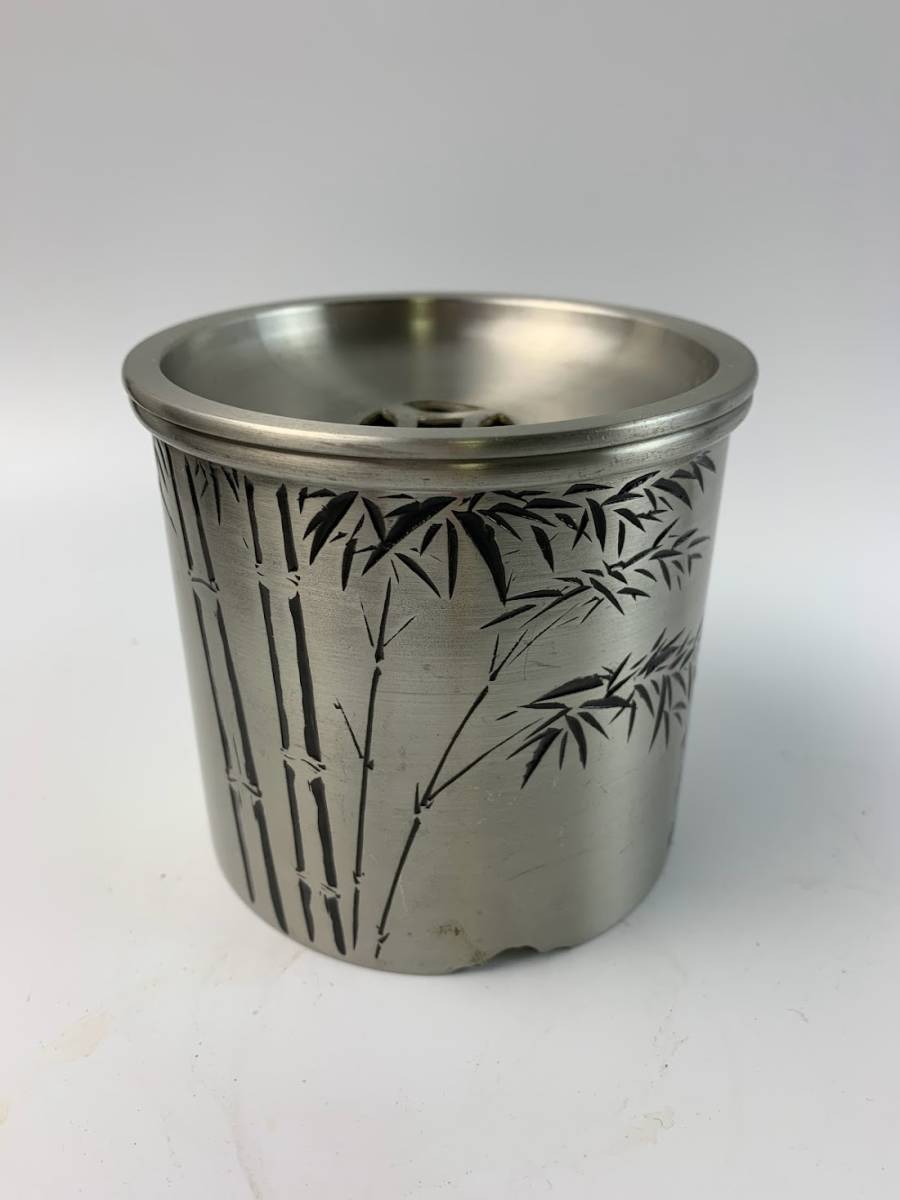 ◇ 鍛栄 造 純錫 本錫 廣秀刻 建水 茶こぼし 竹彫 茶道具 茶器 総重量