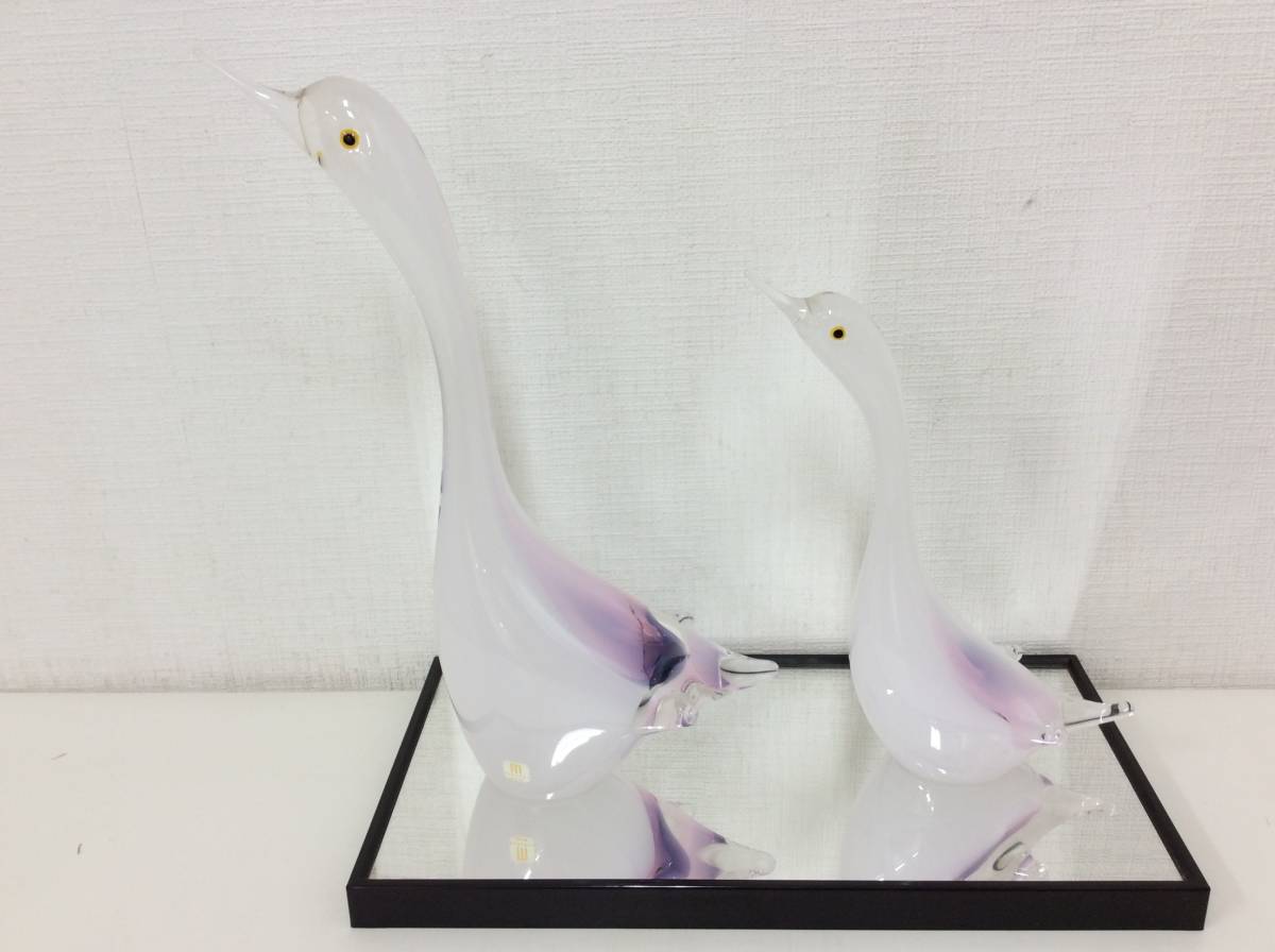 Multi Glass 好し ガラス 白鳥の置物 2体セット 鏡付き台座