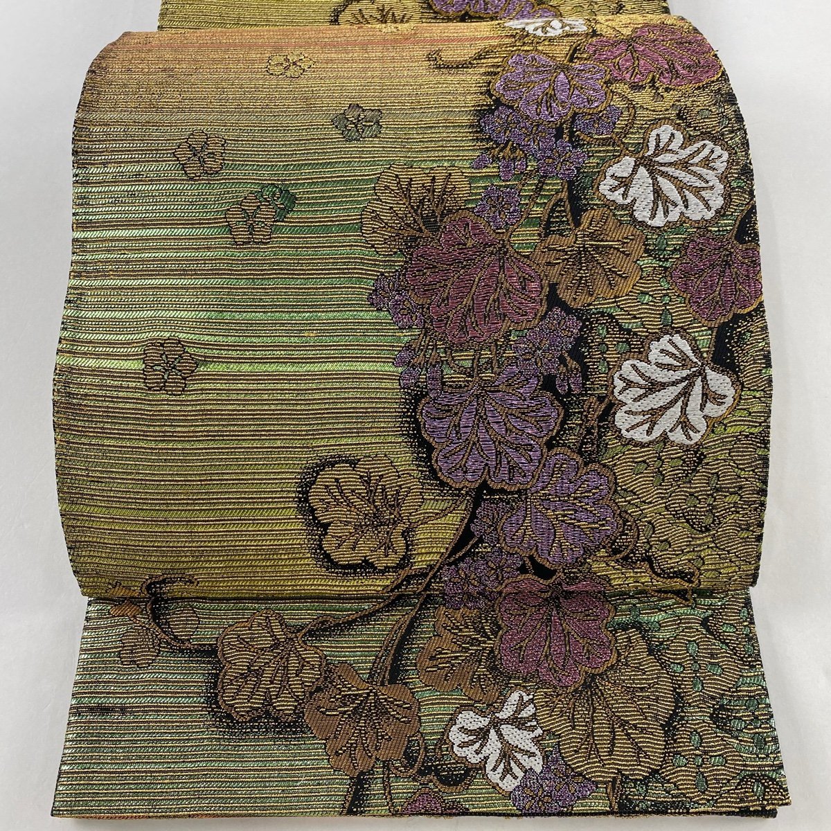 【競ナビ】 袋帯 美品 名品 葡萄唐草文 金糸 箔 茜色 六通 正絹 【中古】 袋帯 箔 美品 緑 鶯色 秀