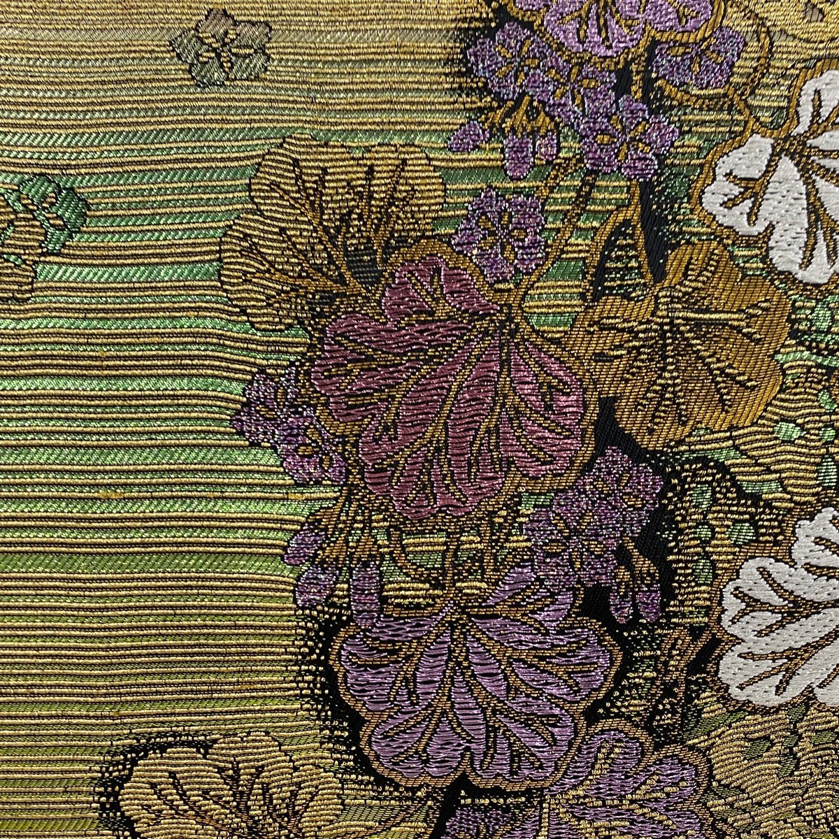 【競ナビ】 袋帯 美品 名品 葡萄唐草文 金糸 箔 茜色 六通 正絹 【中古】 袋帯 箔 美品 緑 鶯色 秀