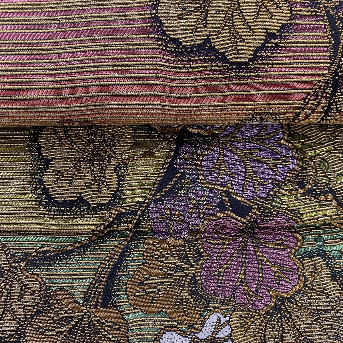 【競ナビ】 袋帯 美品 名品 葡萄唐草文 金糸 箔 茜色 六通 正絹 【中古】 袋帯 箔 美品 緑 鶯色 秀