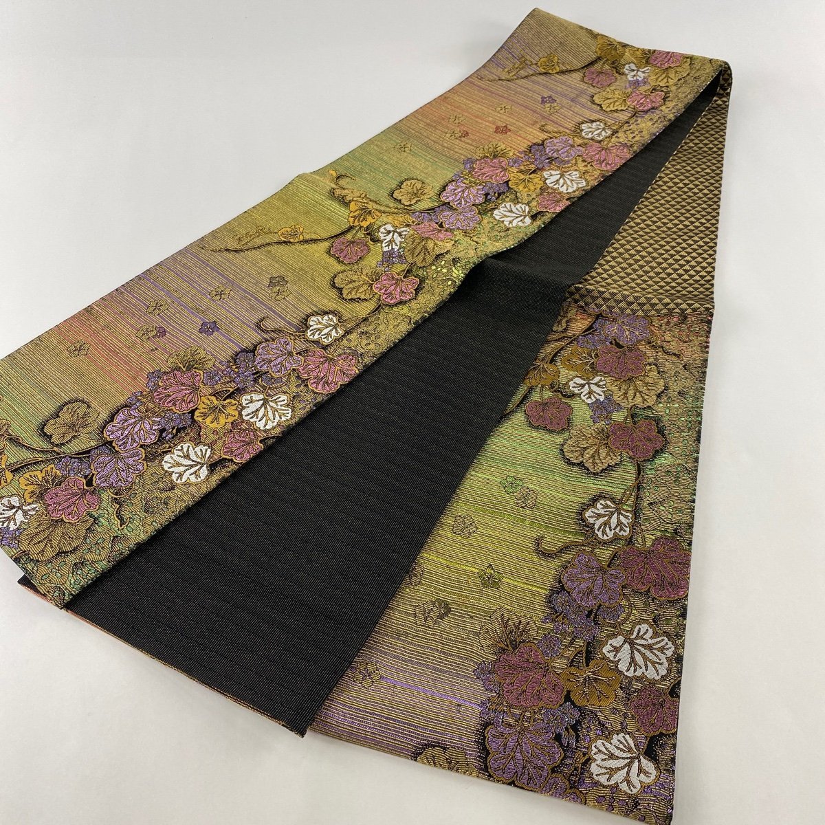 【競ナビ】 袋帯 美品 名品 葡萄唐草文 金糸 箔 茜色 六通 正絹 【中古】 袋帯 箔 美品 緑 鶯色 秀