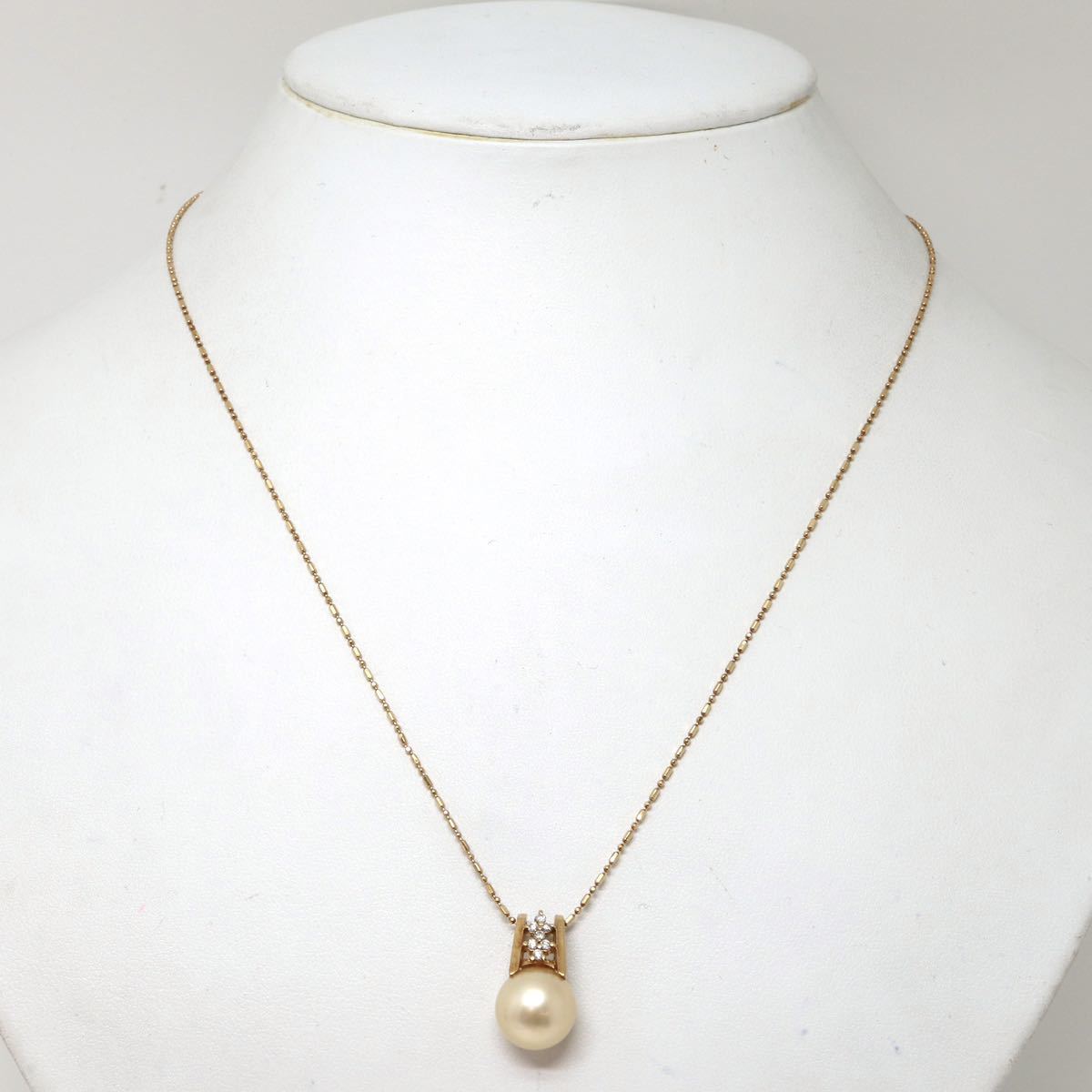 美品!!【ゴールデンパールネックレス】11.00mm珠 D0.10ct K18 5.6g 46.5cm