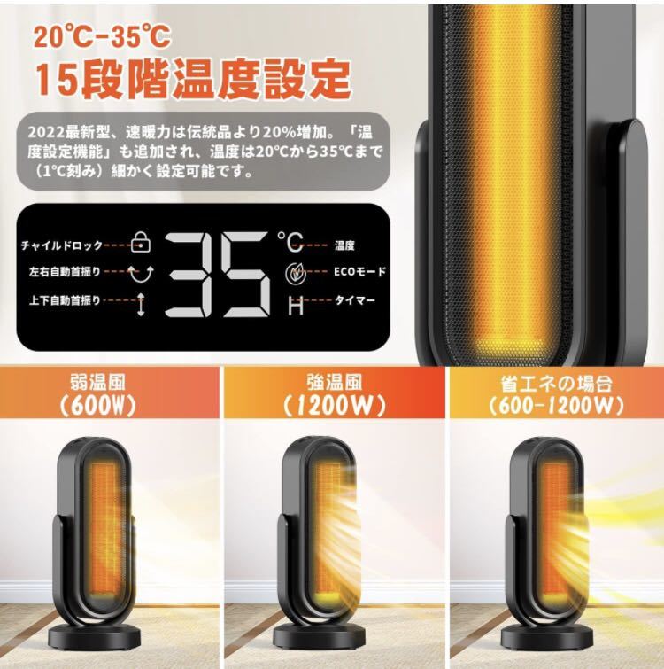 速暖 セラミックヒーター ECO省エネ自動首振り 電気ファンヒーター
