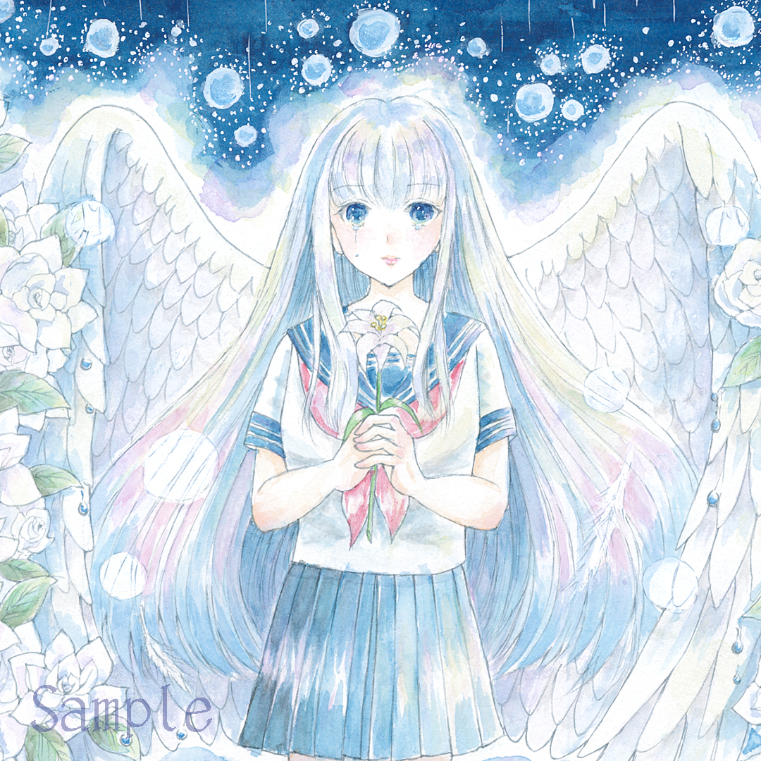 オリジナル手描きイラスト「祈り」透明水彩 F4サイズ(B4弱) セーラー服