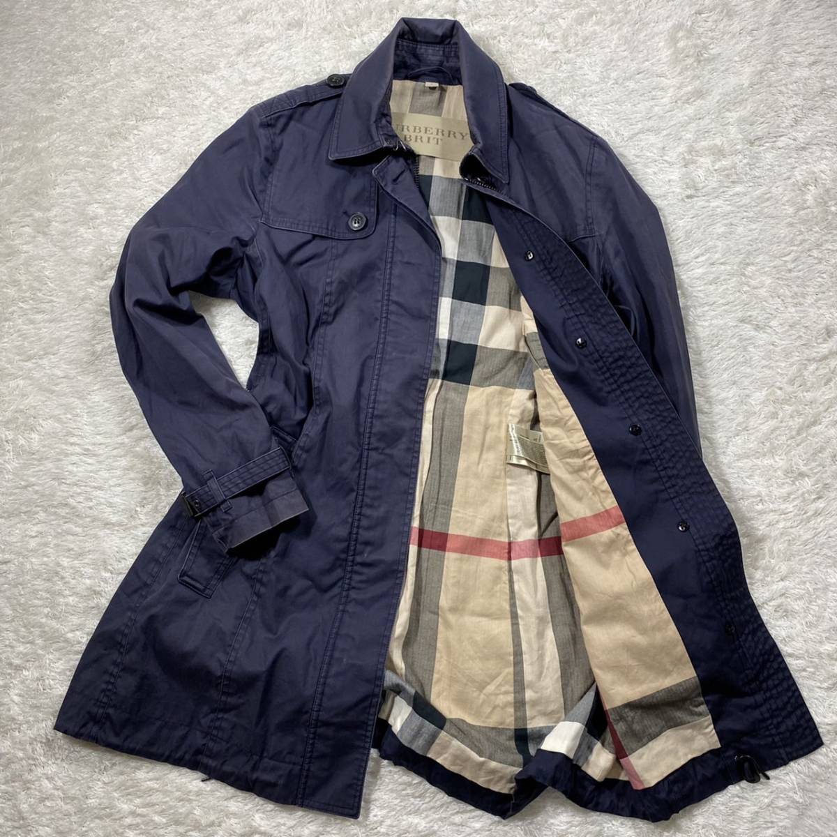 バーバリー ブリット トレンチ コート ノバチェック 紺 L BURBERRY BRIT ジャケット ブルゾン アウター ベルト　フード付き