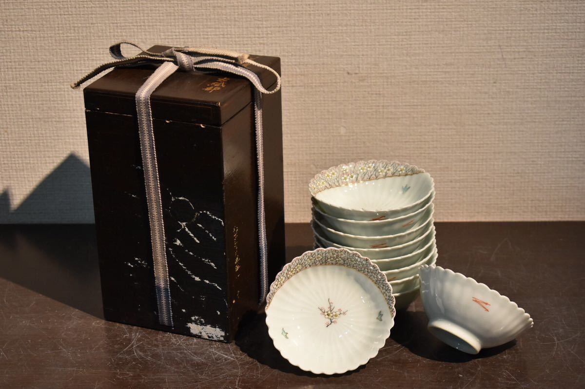 GE】E464【コレクター所蔵品】時代 柿右衛門手色絵花鳥紋小皿10客