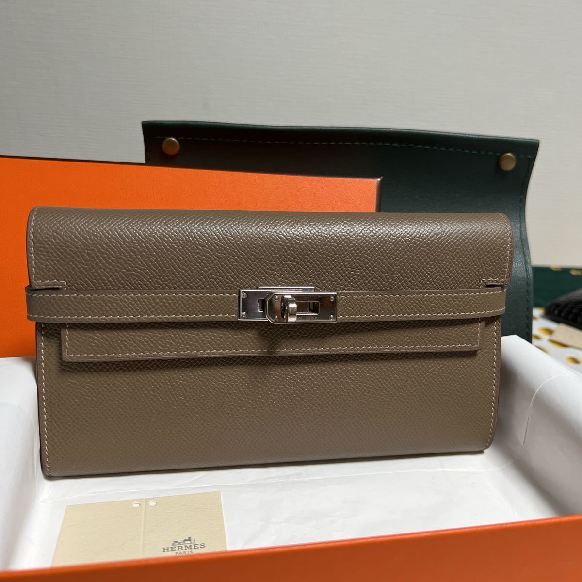 エルメス ケリーウォレット HERMES エトゥープ ロング 長財布 トゥーゴー シェーブル - SV金具 ヴォーエプソン 二つ折り長財布 新品同様 ウォレット ＨＥＲＭＥＳ シェーブルシャムキラ