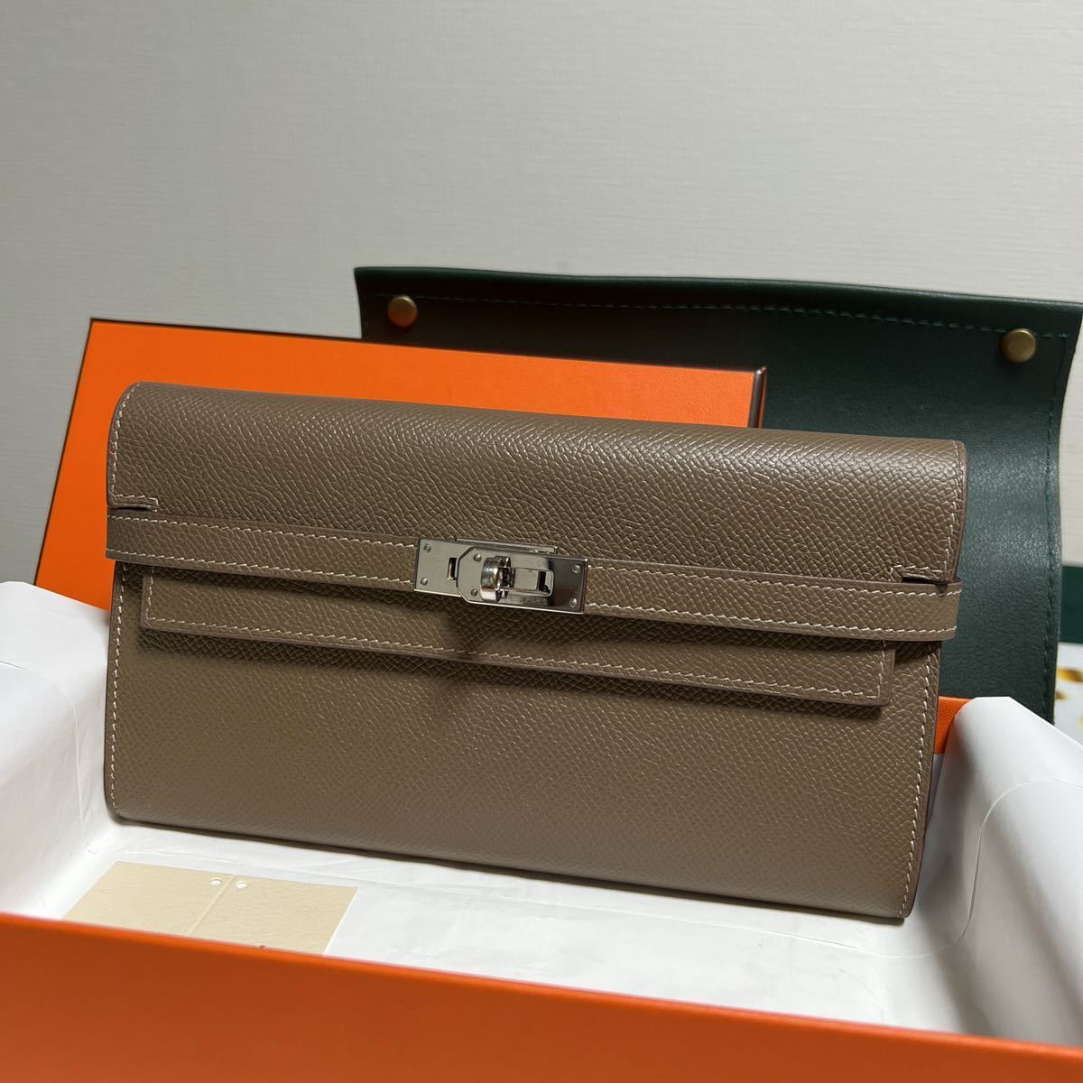 エルメス ケリーウォレット HERMES エトゥープ ロング 長財布 トゥーゴー シェーブル - SV金具 ヴォーエプソン 二つ折り長財布 新品同様 ウォレット ＨＥＲＭＥＳ シェーブルシャムキラ