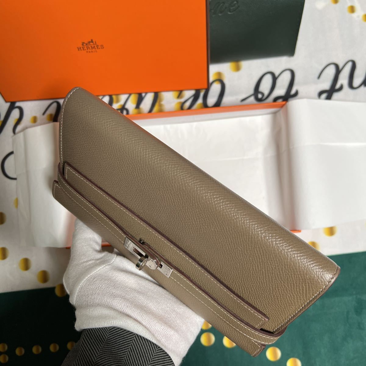 エルメス ケリーウォレット HERMES エトゥープ ロング 長財布 トゥーゴー シェーブル - SV金具 ヴォーエプソン 二つ折り長財布 新品同様 ウォレット ＨＥＲＭＥＳ シェーブルシャムキラ