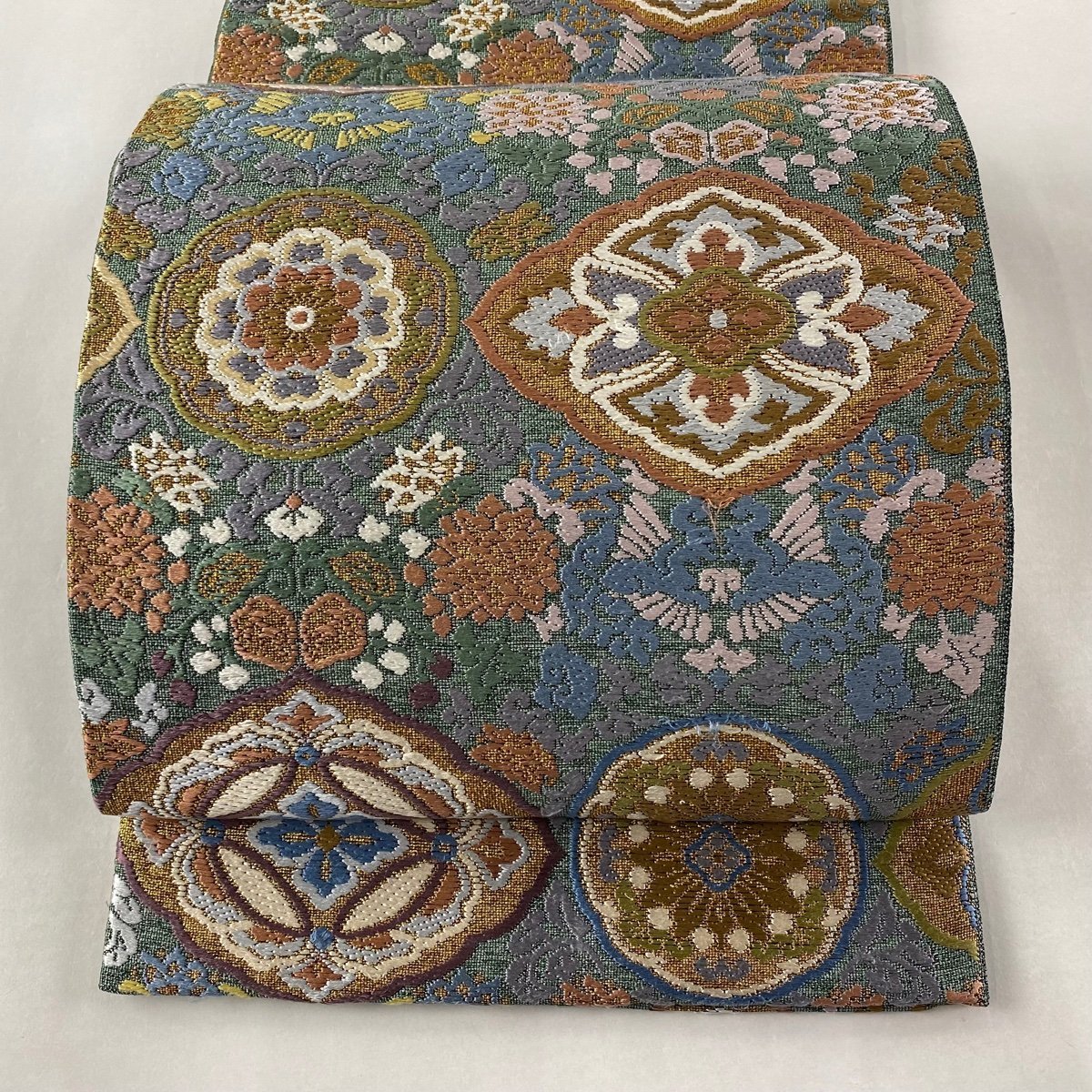 袋帯 六通 秀品 箔 華文 美品 中古 正絹 草花 緑 金糸 金銀糸