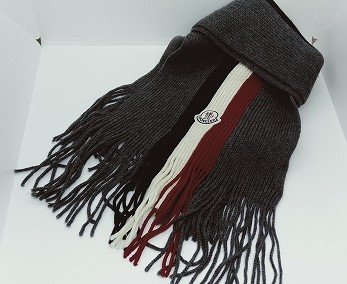 美品☆MONCLER モンクレール マフラー グレー×レッド×ホワイト