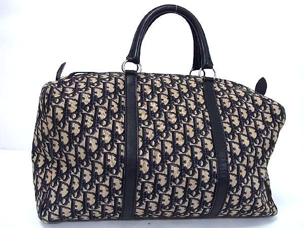1円 Christian Dior ディオール トロッター キャンバス×レザー ボストンバッグ ハンドバッグ 手持ち ベージュ系×ネイビー系 AF6490チN