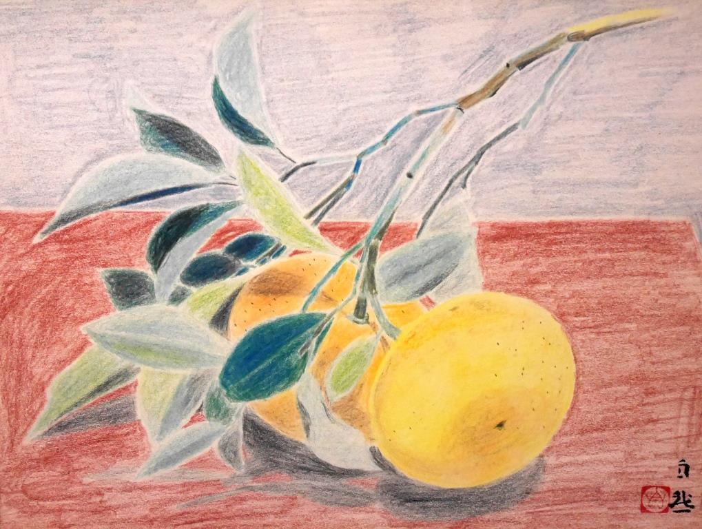 嶋谷自然『みかん』◆パステル5号◆落款・共シール有◆日展特選！文部大臣賞！人気巨匠！額装