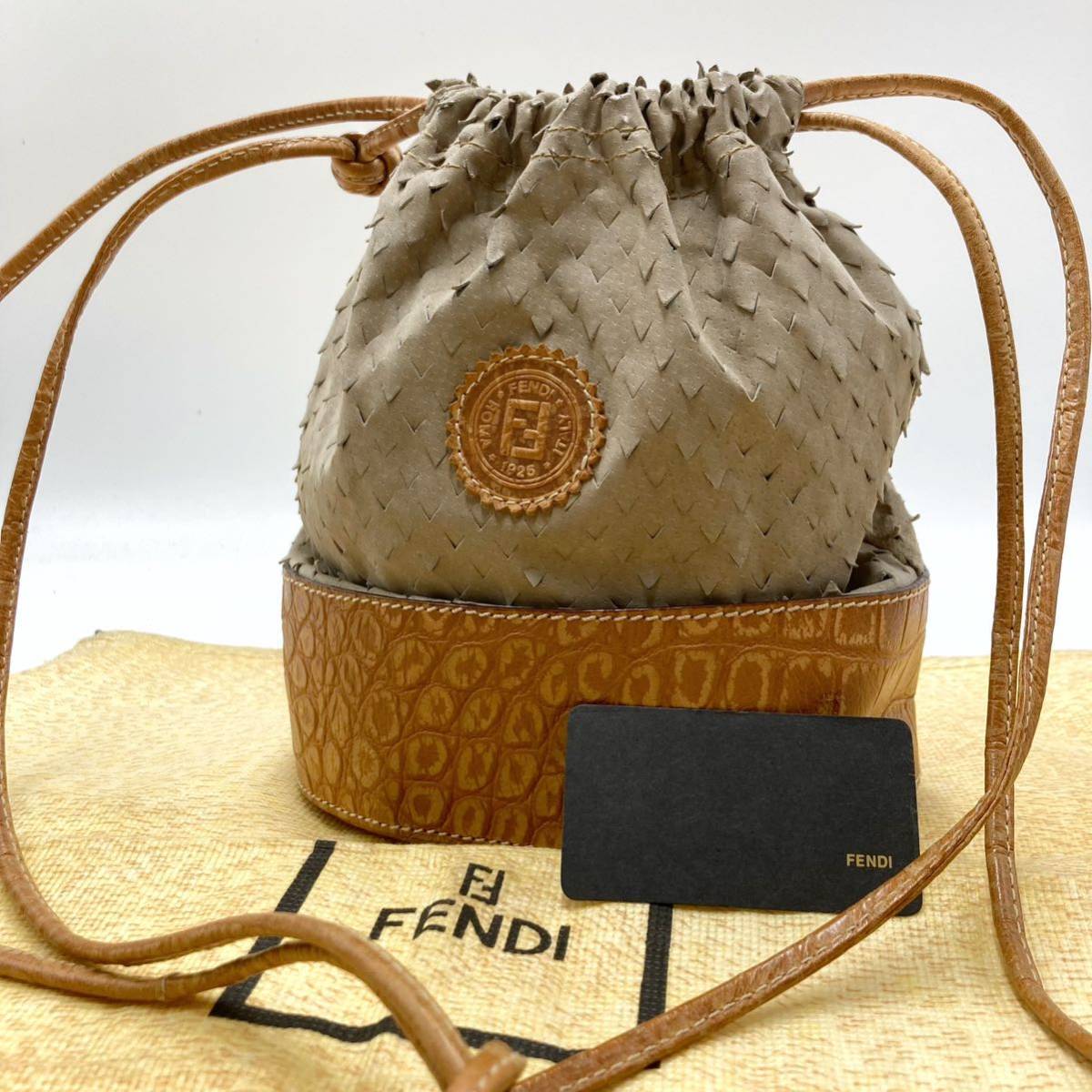 1円《極美品・希少》 FENDI ヴィンテージ 巾着 ショルダーバッグ クロコ カットワーク 巾着 ズッカ フェンディ ポシェット スエード レザー