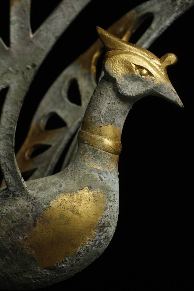 LIG】時代金工師 清富作 青銅塗金銅 古代鳳凰置物 38㎝ 3kg 細密造 共