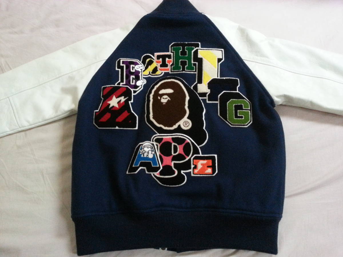 赤字超特価，限定SALE A BATHING APE ベイシング エイプ varsity jacket スタジャン 袖牛革レザー 刺繍 ワッペン / L(ジャンパー、ブルゾン)｜売買されたオークション情報、yahooの商品情報をアーカイブ公開 - オークファン 男性用