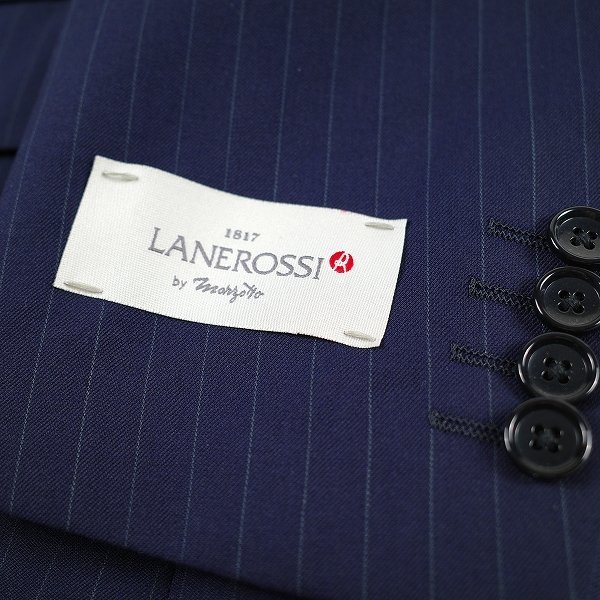 新品1円～★定価8万 イタリア生地 LANEROSSI ラネロッシ マルゾット ウール毛 ストライプ二つ釦スーツ 96AB5 総裏 ワンタック 紺◆7131◆ イタリア生地 LANEROSSI by ストライプスーツ 90A4 0