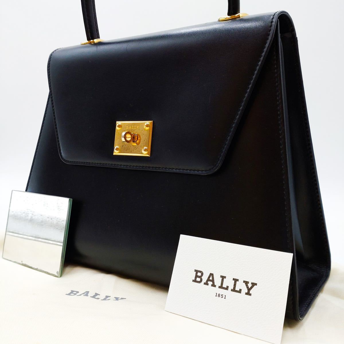 1円【極美品】バリー BALLY ハンドバッグ ケリー型 カーフレザー 本革 黒 ブラック 冠婚葬祭 最高級 レディース ターンロック 手鏡付き