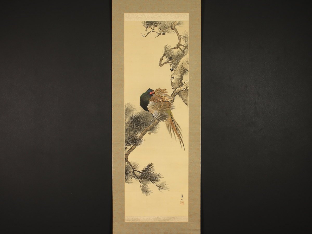 【模写】【1円開始】【伝来】us5374〈鈴木華邨〉松に雉図 共箱 明治時代 菊池容斎師事 東京の人