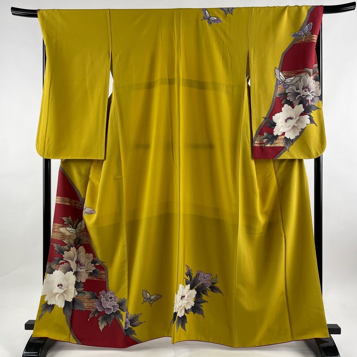 振袖 名品 二尺袖 牡丹 蝶 箔 金彩 からし色 袷 身丈163cm 裄丈70cm L  