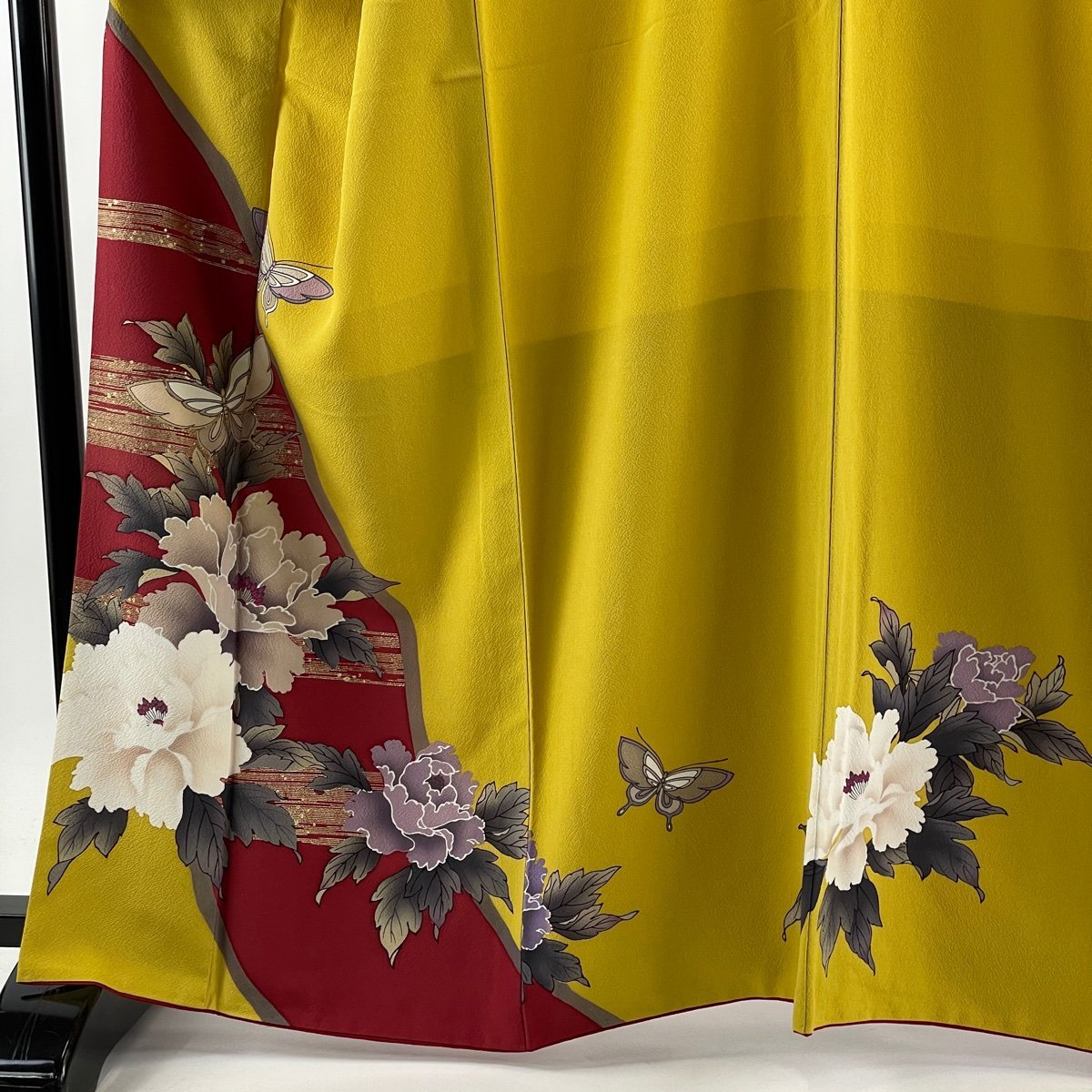 振袖 名品 二尺袖 牡丹 蝶 箔 金彩 からし色 袷 身丈163cm 裄丈70cm L  
