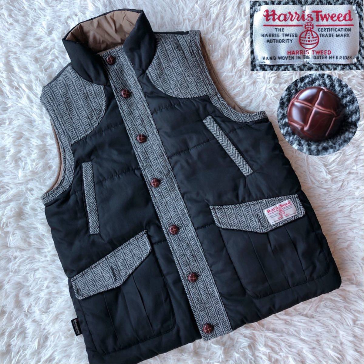極美品！HERRINGBONE CLUB×HARRIS TWEED ヘリンボーンクラブ ハリスツイード リバーシブル　ダウンベスト ウール M グレー くるみボタン